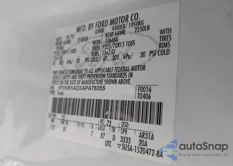 2010 Ford Ranger Xl/Xlt из США, поврежденный, VIN 1FTKR1ADXAPA76355